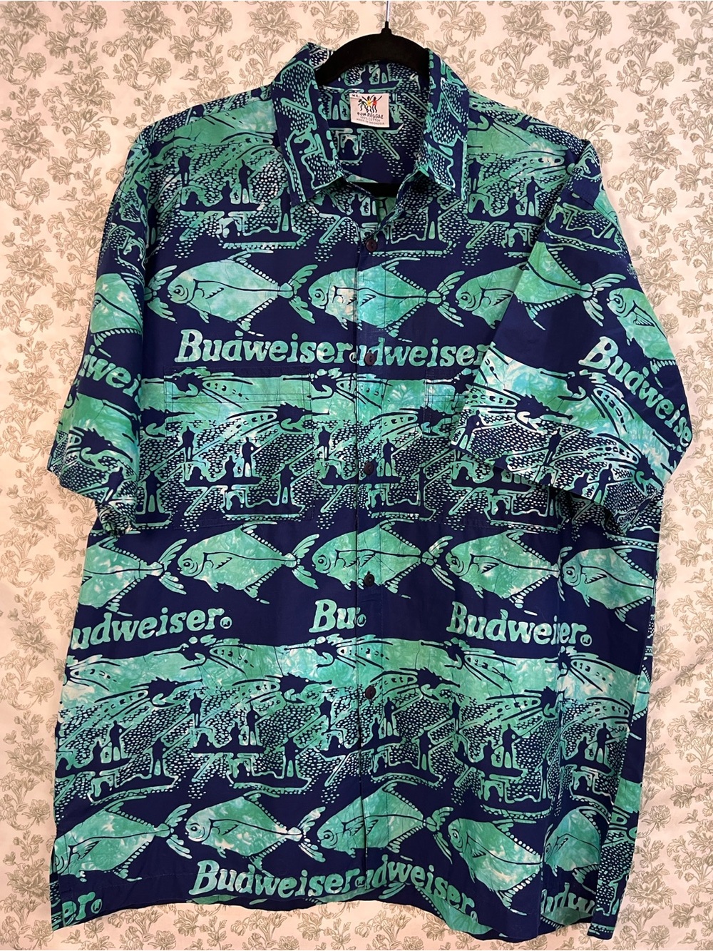 VTG Rum Reggae Budweiser Fish Batik Hawaiian Shirt Size XL Perfect Condition